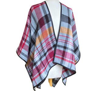 Flannel Feel Plaid Poncho Faux Leather Trim Equestrian Countryside Western-OS